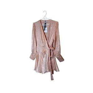 Glamorous Dress Womens PL Petite Pink Metallic Wrap Long Sleeve Satin Mini Party